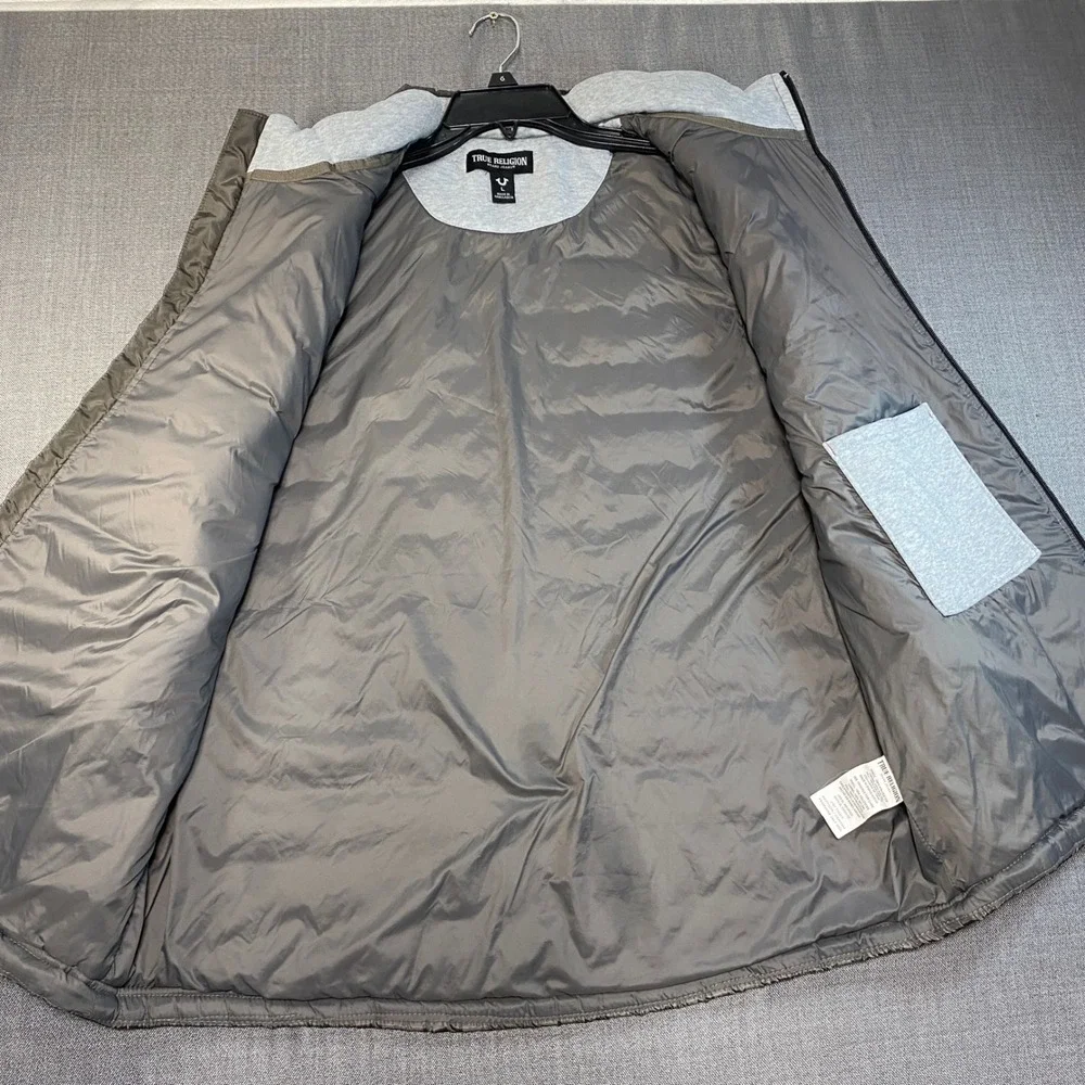True Religion Mens Puffer Vest Charcoal Grey Quilted‎ Full Zip Horseshoe Logo L